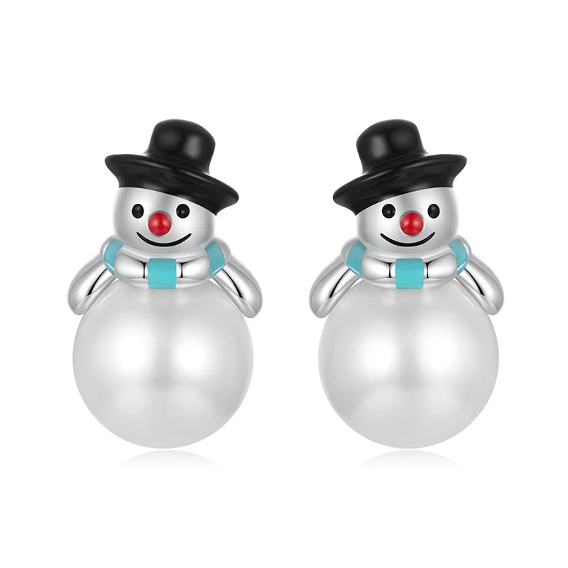 WOSTU 925 Brincos de Pérola de Boneco de Neve de Natal em Prata Esterlina Brincos de Rena de Chapéu Vermelho de Natal Joias de Ano Novo Presente de Feriado