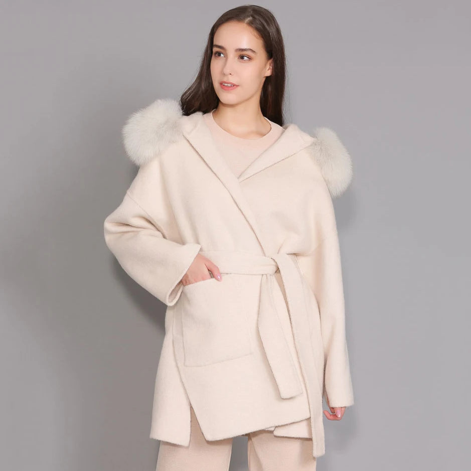 Jxwatcher Casaco de Lã e Misturas de Moda, Comprimento Médio, Jaqueta de Cashmere com Capuz, Gola e Punhos de Pele de Raposa 100% Real, Casaco de Inverno para Mulheres