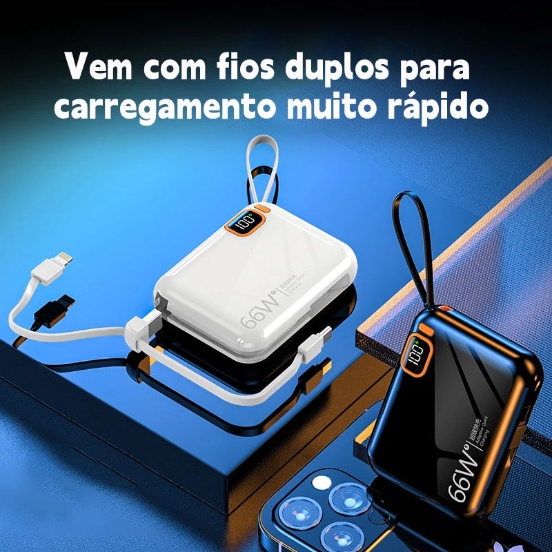 Power Bank Compacto Carregador Rápido 12000mAh Cabo Integrado Viagem