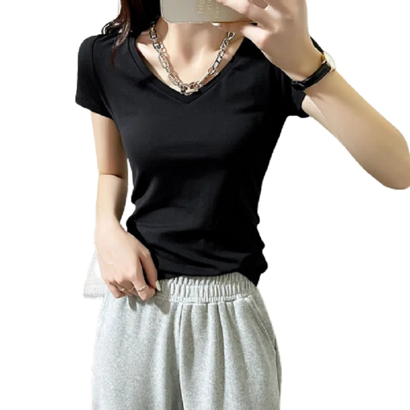 Summer Womens Slim Fit Short Sleeve T Shirt Half Sleeve Base Shirt Versatile Base Layer Top Quality Polyester Fiber Commute - M V white + v white [2-pack]