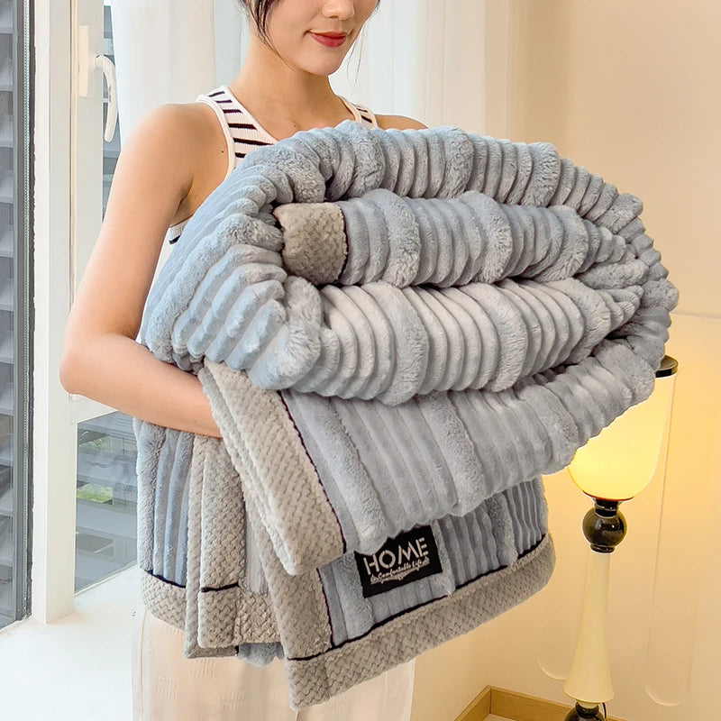 Imitation Rabbit Plush Striped Spring Autumn Warm Blankets Soft Fluffy Warmth Sofa Blankets for Throw Napping Shawl Blanket Leg