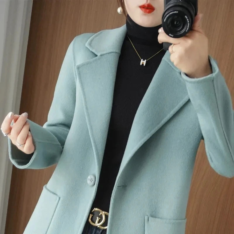 Jaqueta Feminina Casaco De Lã Cashmere Dupla Face 100% Pura Lã Outono Inverno Novo Casaco Corta-Vento De Lã Slim De Um Botão De Comprimento Médio