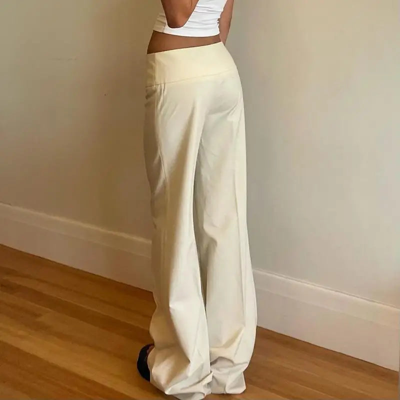 Calça Feminina Vintage Y2K Coreana Streetwear Cintura Baixa Reta Solta Bege Calça Casual Feminina Botões Básica Anos 2000