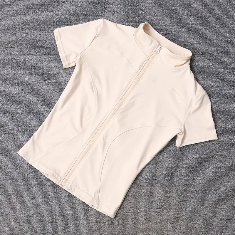 Verão de Alta Qualidade Modelador de Cintura Tops de Treino Feminino de Secagem Rápida Justo Gola Alta Zíper Completo Manga Curta Camisas de Yoga