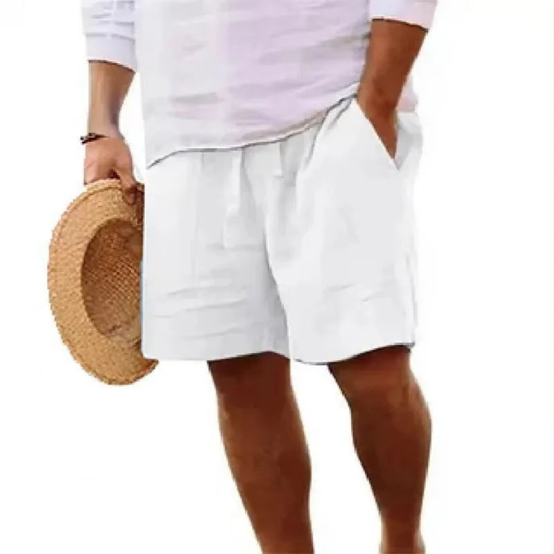 2025 Nova Coleção de Verão Masculina, Shorts Casuais de Algodão e Linho Respiráveis, Calças de Praia Estilo Havaiano, Cor Sólida, Soltas e Versáteis, Moda Streetwear Masculina