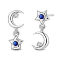 Brinco Feminino de Prata Esterlina 925 com Charm da Série Céu Estrelado Lua Universo Zircônia Brilhante Azul Joia para Uso Diário