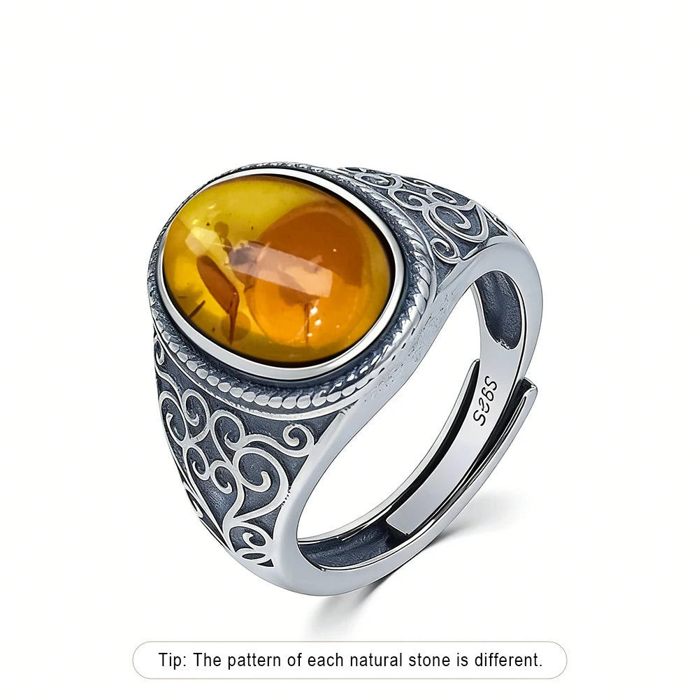Anel Masculino de Prata Esterlina 925 Vintage com Pedra Natural Olho de Tigre 10*14MM Estilo Retrô Grande Joia Fina