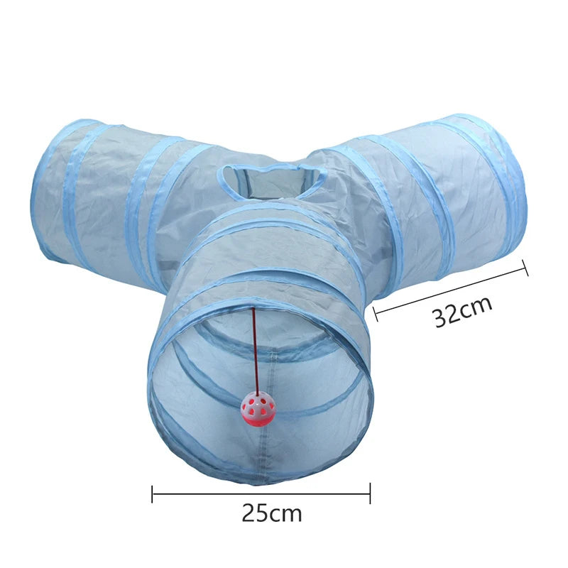 Túnel Tubo Dobrável para Gatos de Estimação 3 Vias Cinza Brinquedo Túnel para Gatinhos com Buraco de Espreitar Brinquedo Interativo de Treinamento para Animais de Estimação