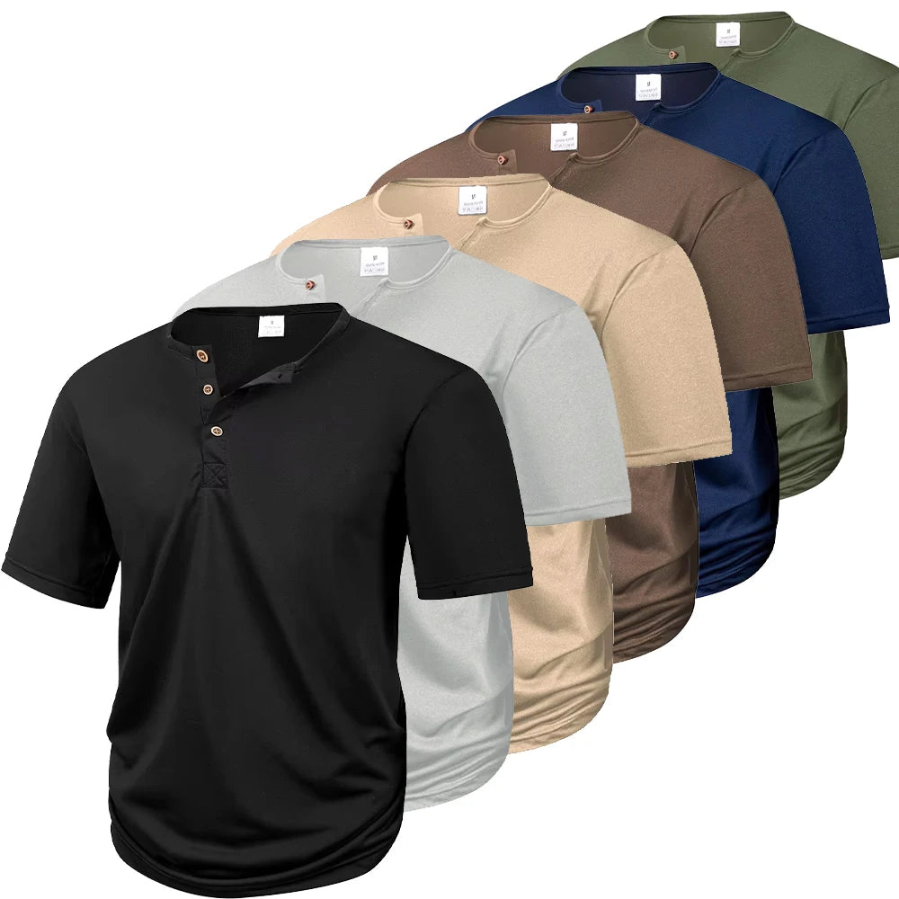 Men's Casual Henry T Shirt Summer Brown Button Solid Color Polo...