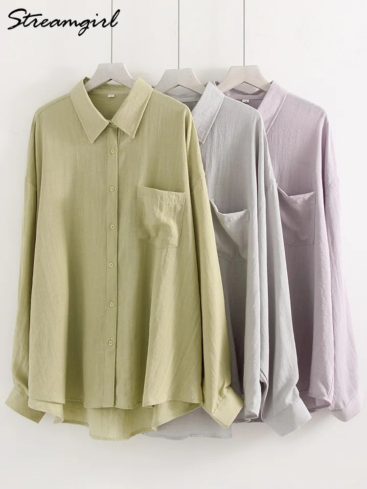 Camisa Social De Linho Azul Feminina Botões Luxo Oversize Tops Verão Manga Longa Básica Fina Camisas Brancas De Linho Femininas Rosa