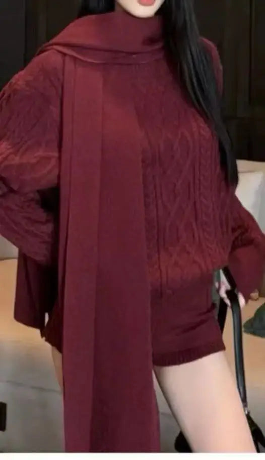 Conjunto Feminino Casual Terno Outono Inverno Solto Torção Manga Longa Suéter Malha Shorts Cintura Alta Duas Peças e Lenço