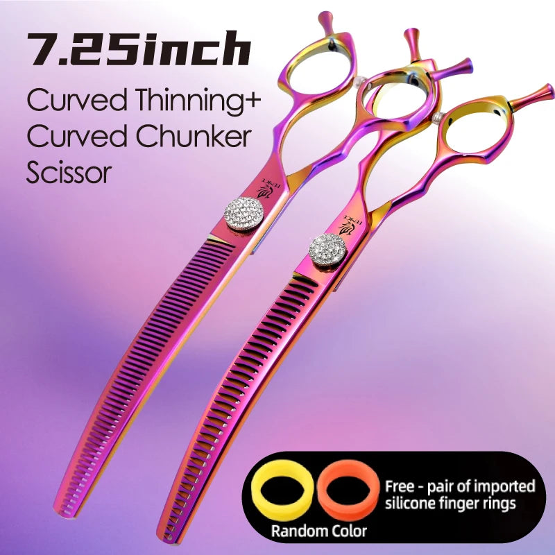 Fenice Grooming Scissors Diamond Screw 7.25 Inch Professional Curved Chunker Scissors Thinner Shears for Pet Beautician Tesoura