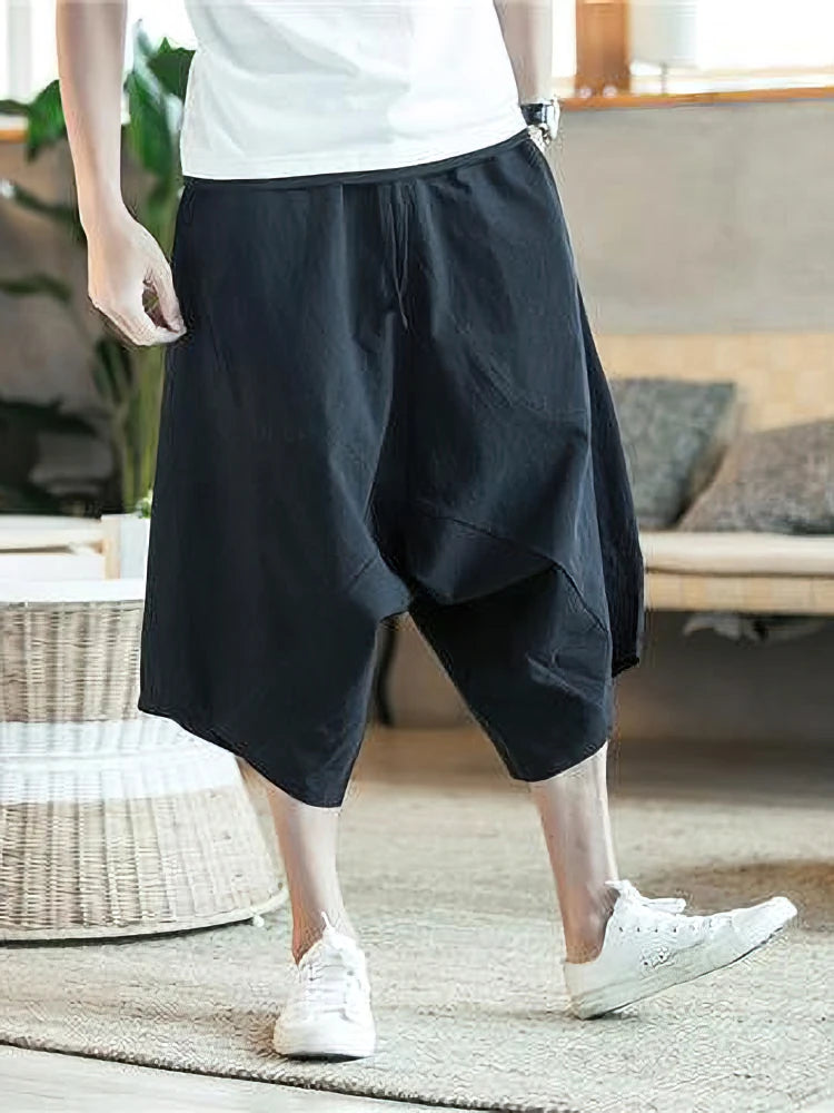 Shorts Casuais Masculinos de Verão Finos de Praia em Algodão Linho Japoneses de Perna Larga Folgados Capris Calças Masculinas Esportivas de Corrida 2025 Novo