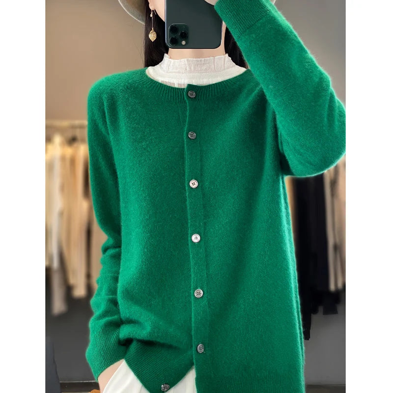 Cardigã Feminino de Lã Merino 100% Cashmere, Suéter para Outono Inverno, Gola Redonda, Manga Longa, Malha Feminina, Roupas Básicas, Blusas - Shumei XXL