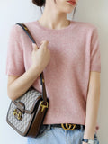 Camiseta Feminina de Verão Nova Solta Manga Curta Malha de Lã Fina Algodão Gola V Meia Manga Top Casaco Estilo Casual 1 - Xl Rosa