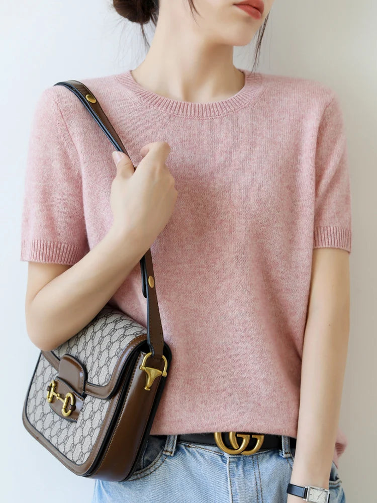 Summer New Loose Short Sleeve Knitted Woolen T Shirt Womens Thin Cotton V Neck Half Sleeve Top Outerwear Commute Style 1 - Xl Pink