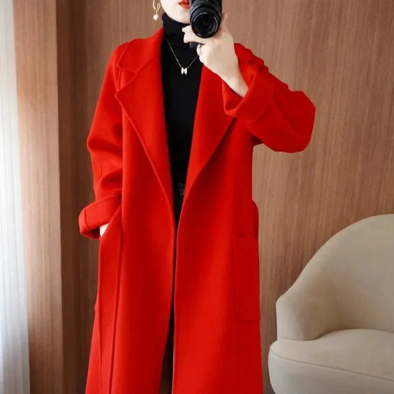 Sobretudo 100% Lã Feminino 2026 Moda Outono/Inverno Temperamento Casacos de Cashmere Dupla Face com Cinto Sobretudo Longo Elegante