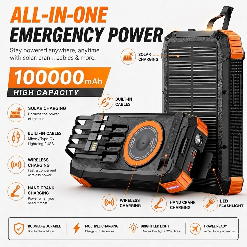 Solar Power Bank 100000mAh Wireless Fast Charging Portable Built-in Cables