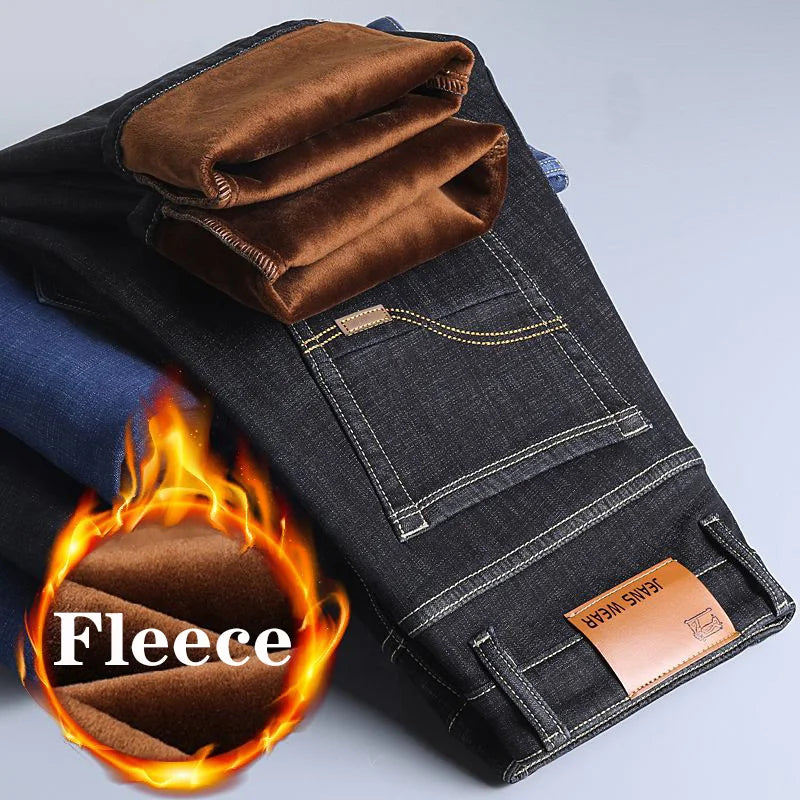 Marca Outono Inverno Quente Flocking Denim Macio Homem Atividades Forro de Lã Calça Jeans Masculina Preto Azul Cinza Cores