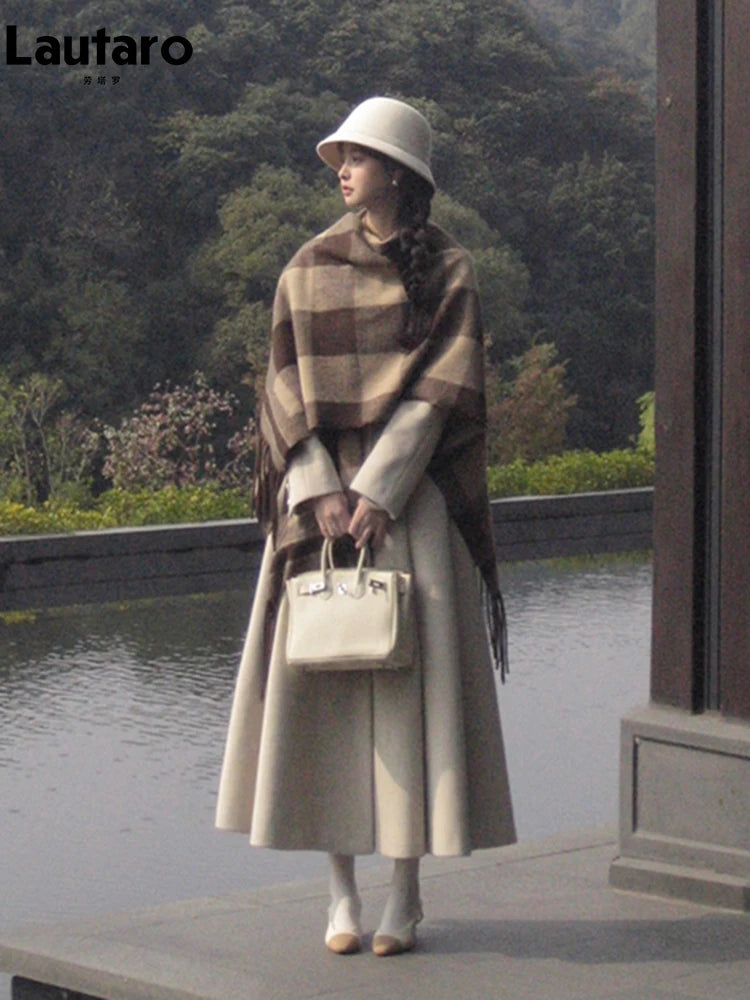 Casaco Longo de Lã e Misturas Lautaro Winter para Mulheres Chique Luxuoso Elegante de Alta Qualidade Roupa Feminina Sobretudo de Lã Godê 2024