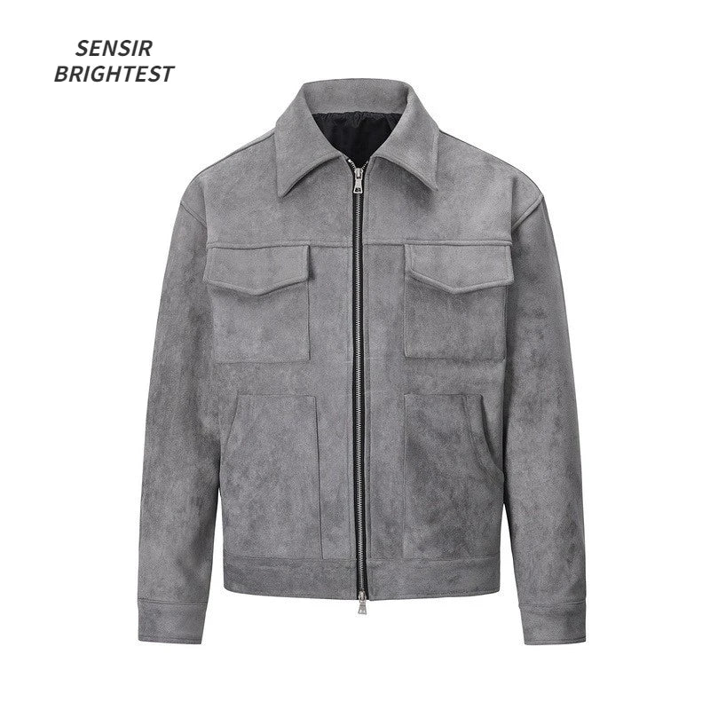 Jaquetas de Outono Roupa Casual Oversized Bolsos de Rua Gola Lapela Zíper Camurça Casaco Grosso Quebra-Vento Masculino Solto