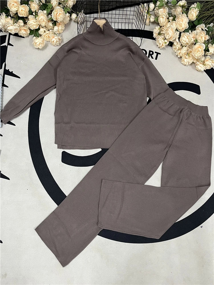 Conjunto Feminino de 2 Peças Outono Inverno, Agasalho de Malha, Suéter Gola Alta e Calça Jogger Reta