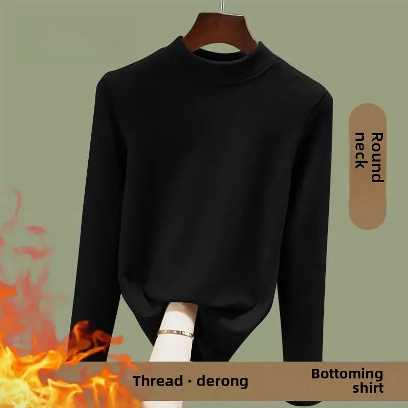 Warm Long Sleeve Crew Neck T Shirt Fashionable Spring Commute Thermal Base Layer Shirt Single Dual Threaded Velvet Polyester Fib - L ([recommended 50.00 kg-57.50 kg]) Elegant green [A046 single piece]]