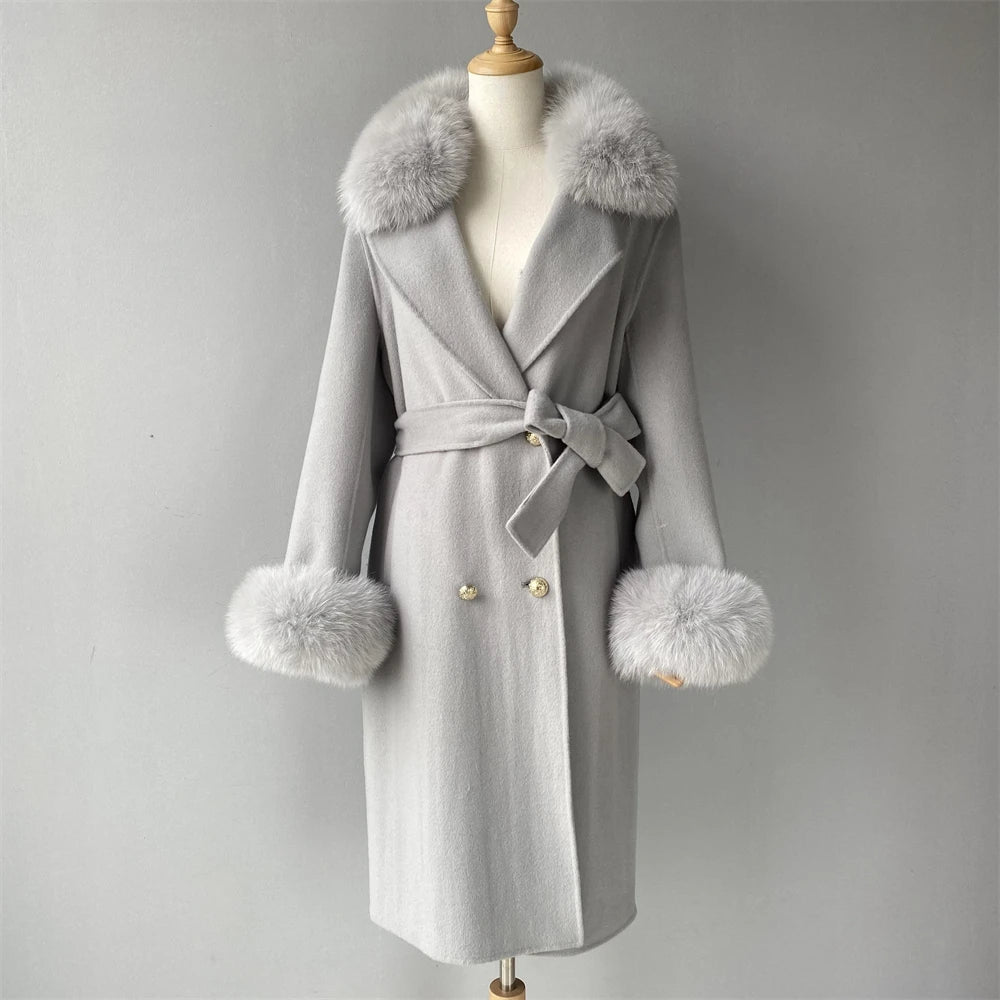 Jxwatcher Cashmere Lã Casaco Primavera Real Fox Colarinho Casaco de Lã de Trincheira Mulheres Inverno Casaco Quente Venda Longo Estilo Casacos de Lã