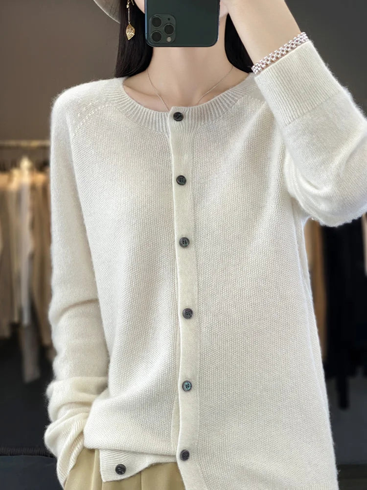 Cardigã Feminino de Lã Merino 100% Cashmere, Suéter para Outono Inverno, Gola Redonda, Manga Longa, Malha Feminina, Roupas Básicas, Blusas - Shumei XXL