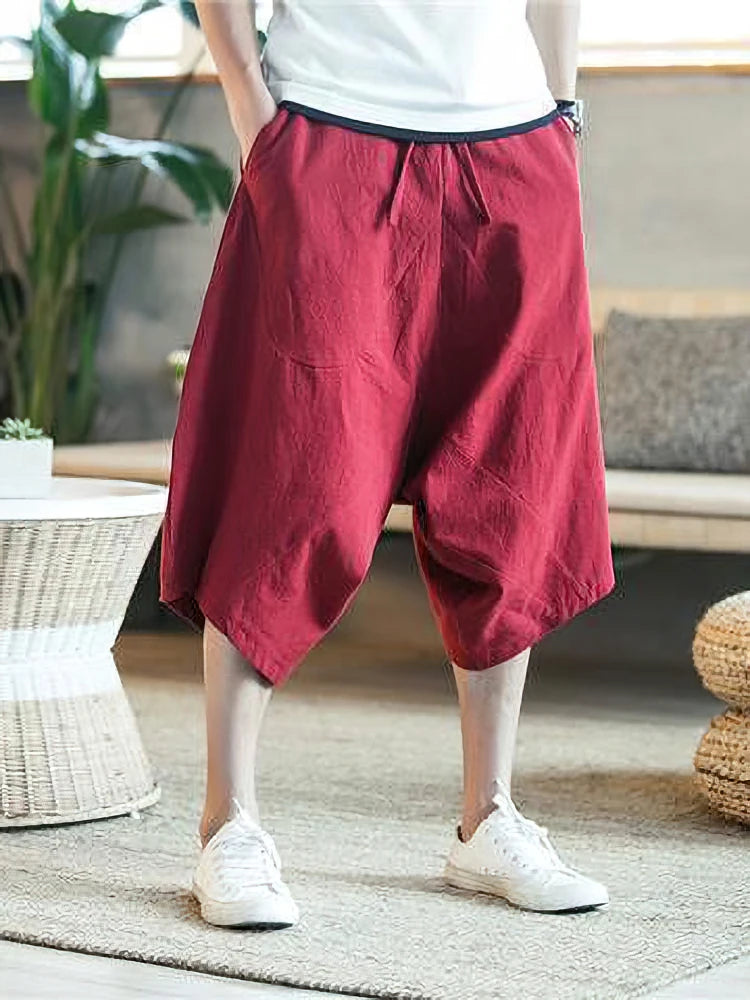 Shorts Casuais Masculinos de Verão Finos de Praia em Algodão Linho Japoneses de Perna Larga Folgados Capris Calças Masculinas Esportivas de Corrida 2025 Novo
