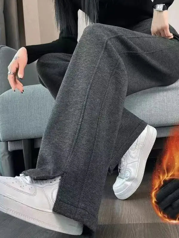 Calça Feminina Casual de Cintura Alta e Perna Larga Reta Forrada com Lã Grossa Calças Outono Inverno Novo Estilo Moderno 1 - 2xl 62.5-70kg Cinza escuro [estilo fino de primavera e outono]