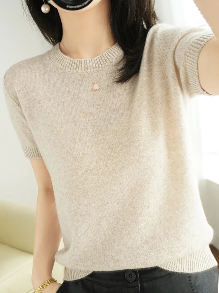 Summer New Loose Short Sleeve Knitted Woolen T Shirt Womens Thin Cotton V Neck Half Sleeve Top Outerwear Commute Style 1 - Xl Pink