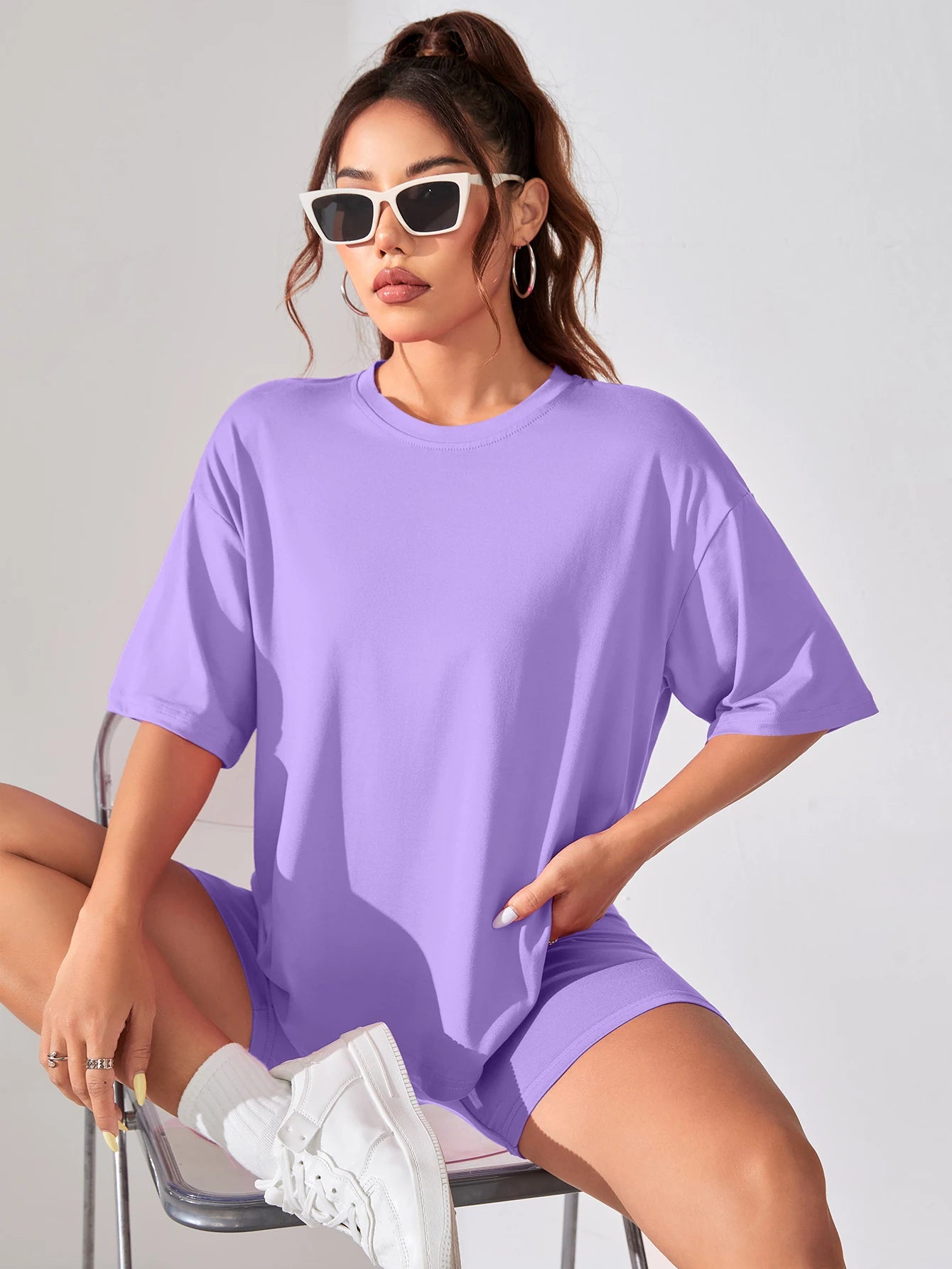 Camiseta Feminina de Manga Curta Cor Sólida para Fitness, Algodão Macio, Respirável, Roupas Confortáveis, Básica, Versátil, Solta