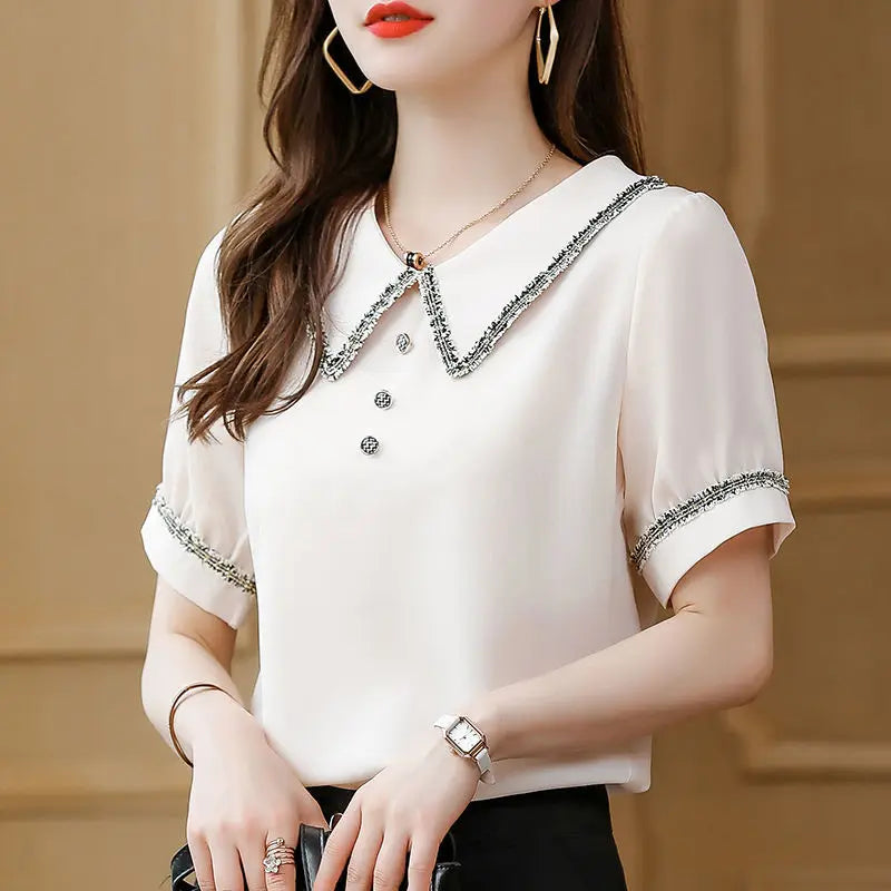 Blusas e Camisas Femininas Chiffon Roupa Social de Manga Curta Gola Formal para Trabalho Escritório Moda Preta Feminina Novidade 2025