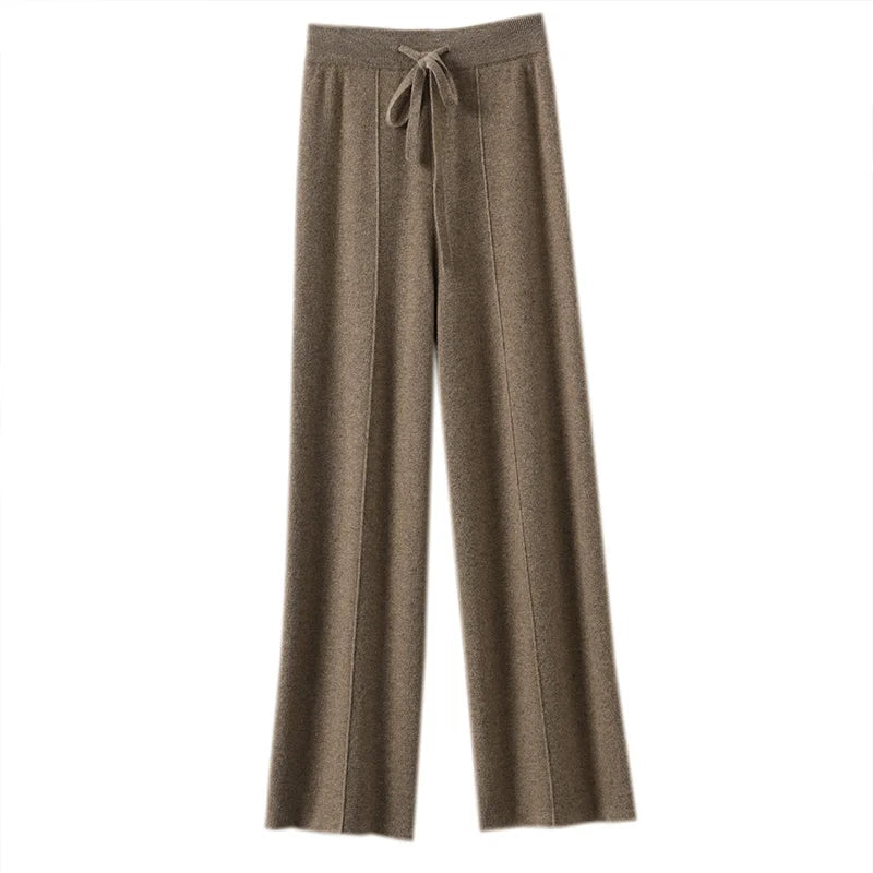 Calças Femininas de Cintura Alta de Malha, Perna Larga, Outono Inverno, Comprimento Longo, Cordão, Reta, Casual, Solta, Emagrecedora 1 - 2xl [veludo roxo camelo] calças de perna larga com costura central