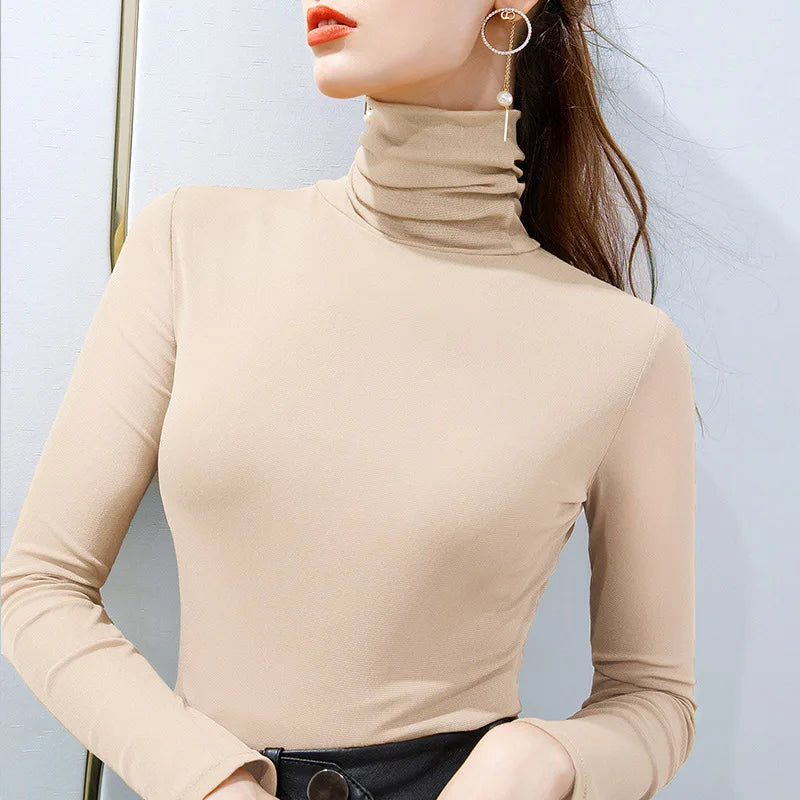 Spring And Autumn Elastic Mesh High Neck T Shirt Bottoming Shirt Womens Long Sleeved Solid Color Thickened Basic Top - dark brown M