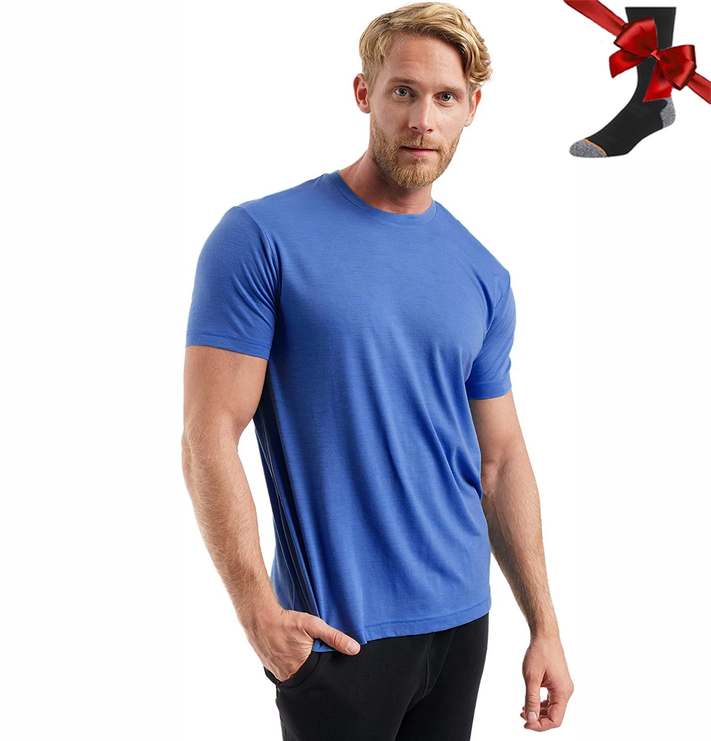 Camiseta Masculina 100% Lã Merino Super Fina Camada Base de Lã Merino que Absorve a Umidade Respirável de Secagem Rápida Antiodor + Meias de Lã Merino