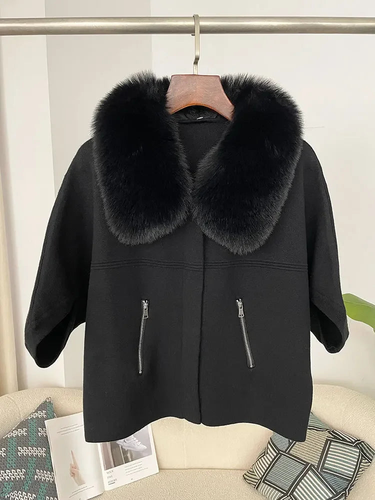 OFTBUY New Autumn and Winter Women Cardigan Short Knitted Sweater Solid Color with Faux Fur Collar Three Quarter Sleeves Coat
