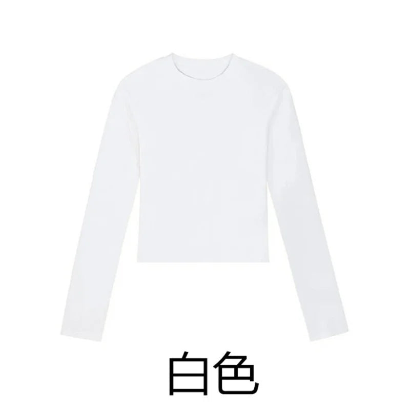 Camiseta de Algodão Gola Redonda Manga Comprida Feminina Sexy Cropped Tops 2026 Outono Preto Casual Skinny Fina Básica T-shirts Femininas Branca Roupa - Branco M