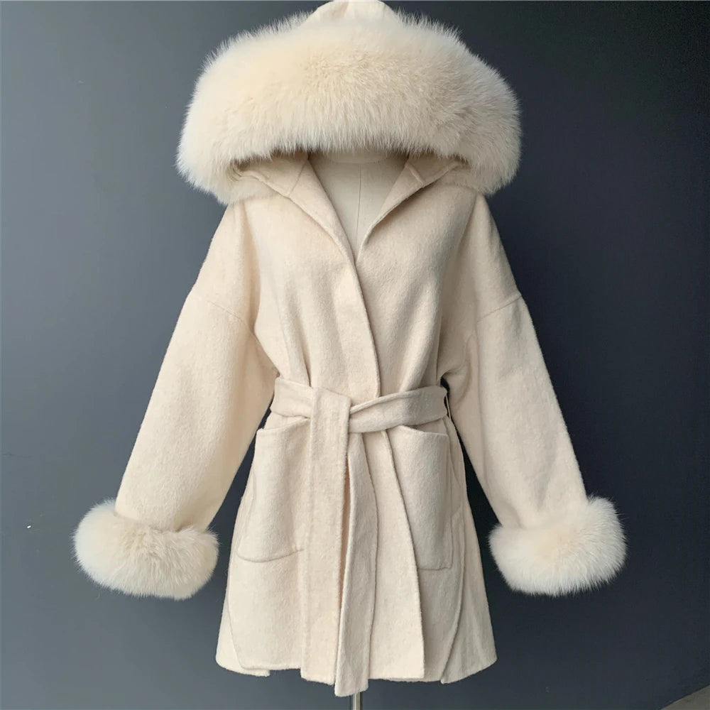 Jxwatcher Casaco de Lã e Misturas de Moda, Comprimento Médio, Jaqueta de Cashmere com Capuz, Gola e Punhos de Pele de Raposa 100% Real, Casaco de Inverno para Mulheres