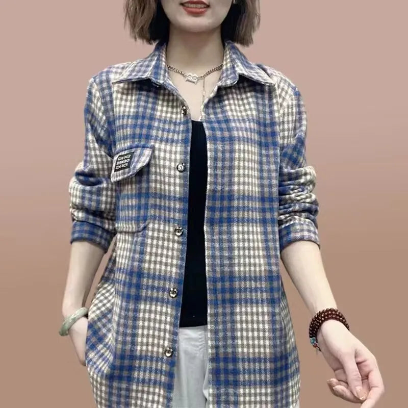 Camisa Xadrez Feminina de Lã Grossa Casual Solta Outono Inverno Quente Manga Regular Comprida Gola Marca Chinesa
