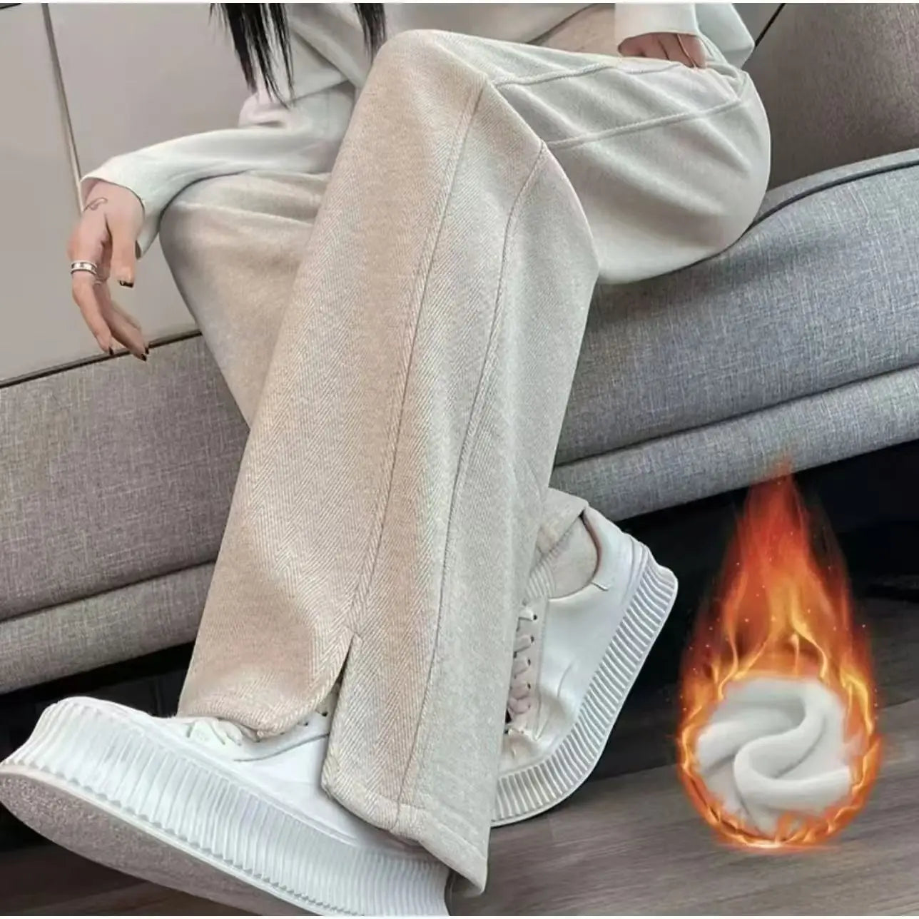Calça Feminina Casual de Cintura Alta e Perna Larga Reta Forrada com Lã Grossa Calças Outono Inverno Novo Estilo Moderno 1 - 2xl 62.5-70kg Cinza escuro [estilo fino de primavera e outono]