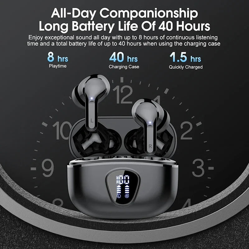 Novos Fones de Ouvido Sem Fio HiFi Estéreo BT5.3 com Cancelamento de Ruído ENC, 48H de Duração, Display LED, Fones de Ouvido IP7 à Prova D'água