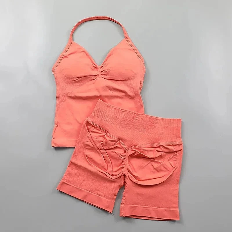 Conjuntos de Academia Femininos 2 Peças Impacto Sem Costura Fitness Yoga Roupa Esportiva Halter Top Shorts Roupa de Treino Corrida Roupa de Academia