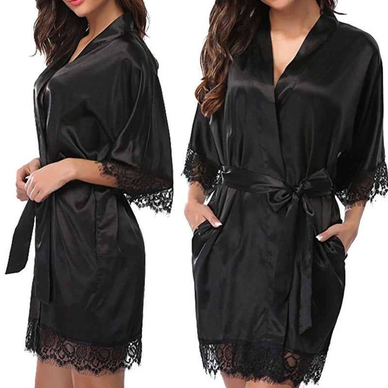 Robe Curto Feminino Elegante Liso com Acabamento em Renda e Cinto de Amarrar Loungewear Pijama Camisola Preto Vermelho.