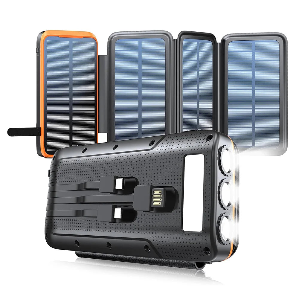 Solar Power Bank 43800mAh Wireless Charger 4 Solar Panels LED Light