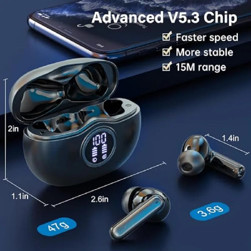 Fones de ouvido Bluetooth 5.3 com 50H de reprodução, display LED, fones de ouvido sem fio, cancelamento de ruído ENC, estéreo HiFi, IPX7 à prova d'água, fones de ouvido esportivos