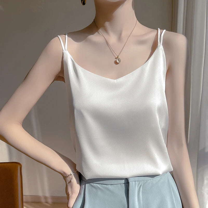 2026 Alça Fina Regata Feminina Frente Única Gola V Básico Branco Camisa Sem Mangas Cetim Seda Blusas Femininas Verão Camisola Cropped Top - preto P