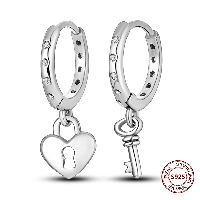 Brincos de Argola Coração Amor Brilhante Zircônia 925 Prata Esterlina Original para Mulheres Aniversário de Casamento Joia de Presente