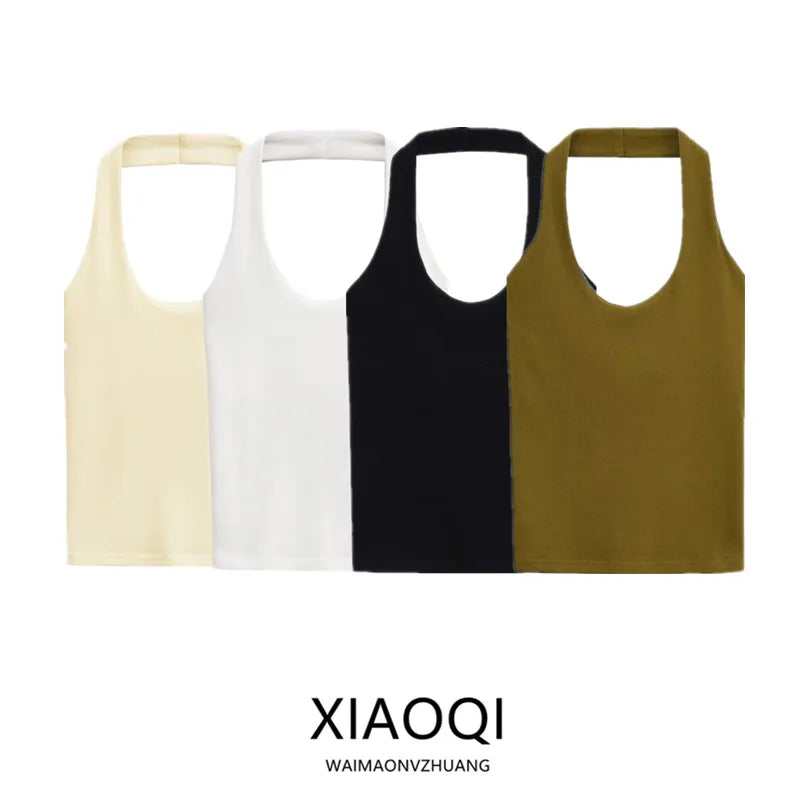 Verão Novo Moda Feminina Slim Fit Sem Costas Básico Versátil Top Gola Halter 4424308 Estilo Casual Curto - P Amarelo